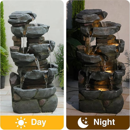 50.6" H Outdoor Water Fountain with 3 Tiers Large Cascading Realistic Tree Trunk Waterfall Fountains with LED Lights Outdoor Water Fountain for Garden Patio Backyard Porch Home Decor