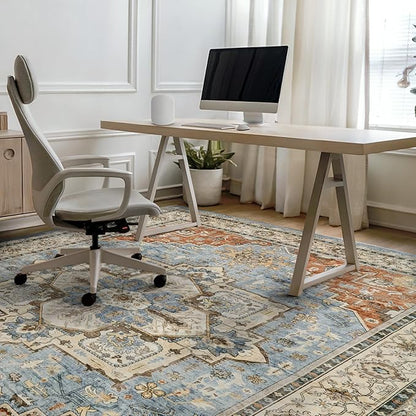 Area Rugs for Living Room 6x9 - Machine Washable Vintage Oriental Soft Rug, Low Pile Thin Floor Carpet with Non Slip Backing for Bedroom, Dorm, Under Dining Room Table, Indoor House, Office Decor