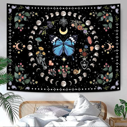 Aipon Blue Butterfly Moon Flower Tapestry Botanical Boho Plant Floral Tapestry for Bedroom Aesthetic Hippie Vintage Tapestries Wall Hanging for Living Room Dorm (44.00" x 60.00", Blue)
