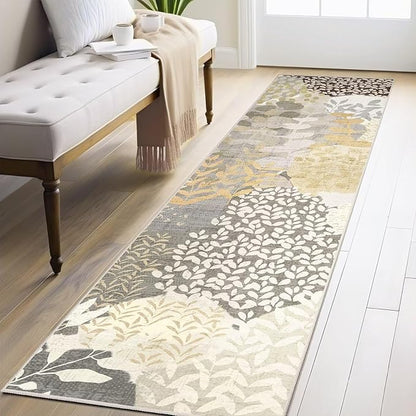 DEXDE Runner Rug 2x8, Washable Hallway Boho Soft Area Rugs Abstract Long Non Slip Leaves Floral Vintage Floor Carpet for Entryway Kitchen Laundry Bathroom Bedroom, Gray