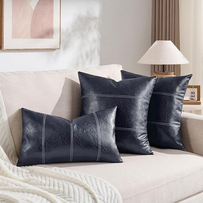 Fancy Homi 2 Packs Navy Blue Lumbar Waterproof Faux Leather Decorative Throw Pillow Covers 12x20 Inch for Outdoor Couch Bed, Modern Farmhouse Boho Home Decor, Blue Hand Stitched Cushion Case 30x50 cm