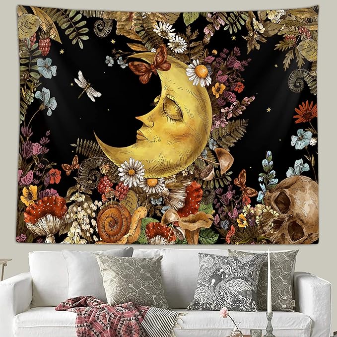 Sanzugh Boho Moon Tapestry, Vintage Mushroom Sun and Moon Art Tapestries Wall Hanging for Bedroom Aesthetic Botanical College Dorm Room Fairy Decor 60X40 Brown Retro Skull Poster