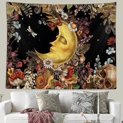 Sanzugh Boho Moon Tapestry, Vintage Mushroom Sun and Moon Art Tapestries Wall Hanging for Bedroom Aesthetic Botanical College Dorm Room Fairy Decor 60X40 Brown Retro Skull Poster