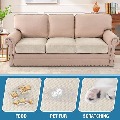 H.VERSAILTEX Velvet Stretch Couch Cushion Cover Plush Cushion Slipcover for Chair Loveseat Sofa Cushion Furniture Protector Seat Cushion Sofa Cover (3 Piece XL Sofa Cushion Covers, Ivory Striped)