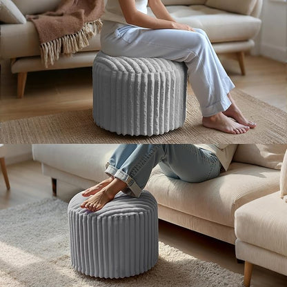 Luxury Round Stuffed Floor Poufs Ottoman, Stripe Faux Fur Footrest with Dual Layer Comfort, Removable Washable Cover, 20"x15" Plush Pouf Shaggy Stool for Living Room Bedroom, Gray