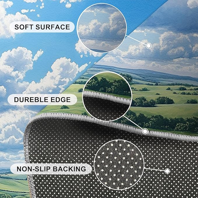 Sky and Clouds 2x3 Area Rugs for Living Room -Grassland and Pasture Washable Rug Rural Landscape Non-Slip Carpet Indoor Floor Stain Resistant Thin Carpets for Bedroom Dining Room Home Office