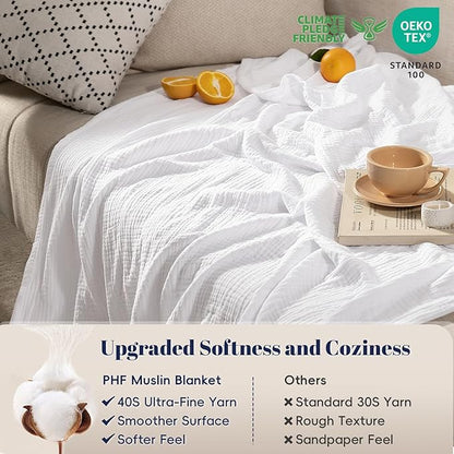 PHF 100% Cotton Muslin Throw XL Blanket Large 50" x 70", 4-Layer Lightweight Gauze Throw, Breathable Cloud-Soft Minimalist Blanket for Bed, Couch, Camping & Baby, White, Ideal Gift