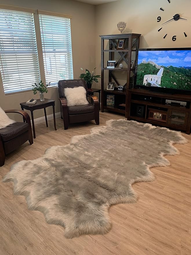 LAMBZY Faux Sheepskin Super Soft Hypoallergenic Silky Shag Rug for Living Room, Kids Room, Sofa (Duo Decto 12 Pelts 6'x12', Grey)