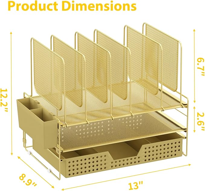 Gold Desk Organizer, Office Organization with Vertical File Holder, File Organizer with Drawer and Pen Holder, Desk Accessories and Workspace Organizers for Home Office (Gold)