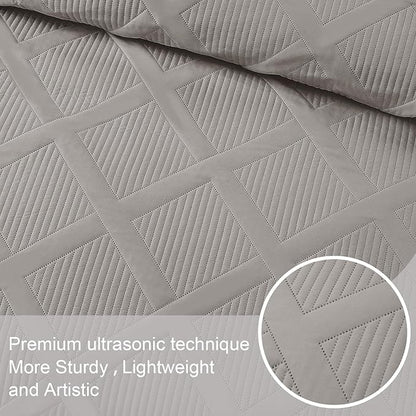 Exclusivo Mezcla Quilt Set Twin Size, 2 Pieces Light Grey Twin Quilt Bedding Set, Lightweight Quilts Soft Bedspreads Modern Striped Coverlets for All Seasons