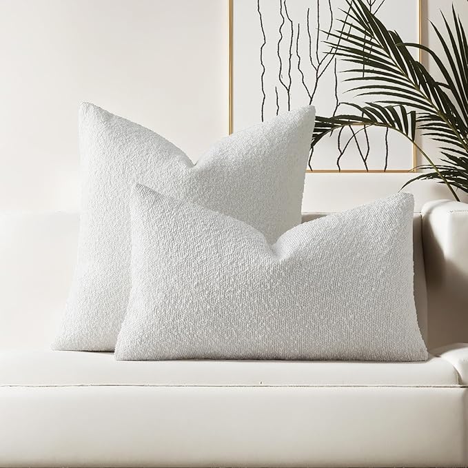 HAUSSY Christmas White Set of 2 22x22 Decorative Throw Pillow Covers, Soft Cozy Textured Boucle Couch Cases, Home Decor for Couch Bed Living Room
