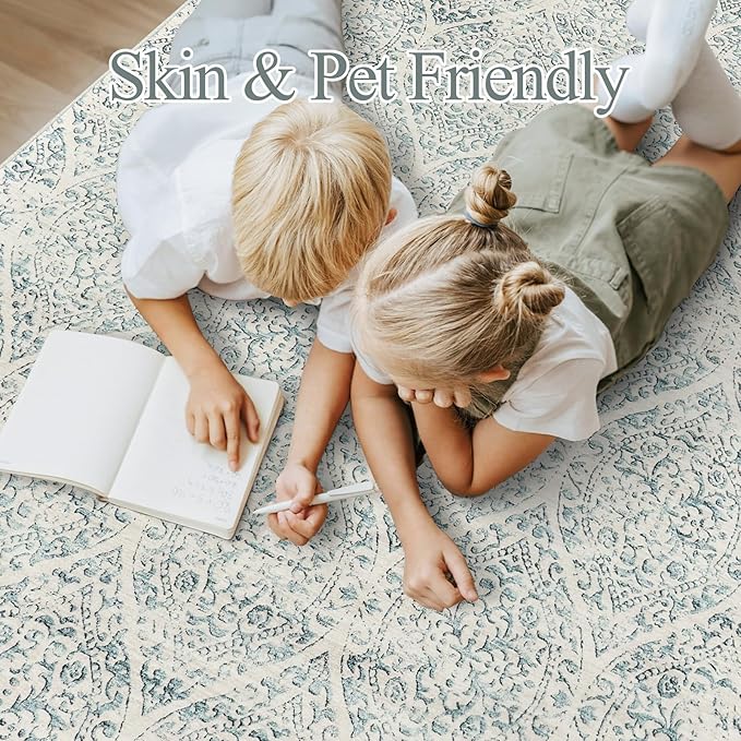 10x14 Area Rugs for Living Room Large Washable Rugs for Bedroom Floral Vintage Non-Slip Thin Area Rug Indoor Home Office Decor Light Blue