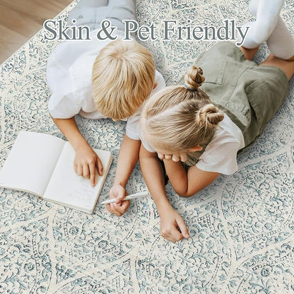 10x14 Area Rugs for Living Room Large Washable Rugs for Bedroom Floral Vintage Non-Slip Thin Area Rug Indoor Home Office Decor Light Blue