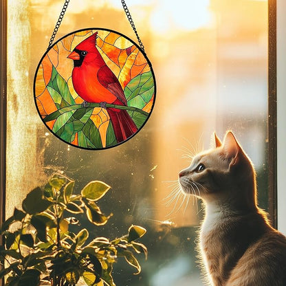 DASTOLL Stained Glass Window Hanging 4 Pcs Set Birds 6.3" - Cardinal Blue Jay Suncatcher Door Garden Sun Catcher Decor Birthday Christmas for Bird Lovers Mom Woman Nana Men