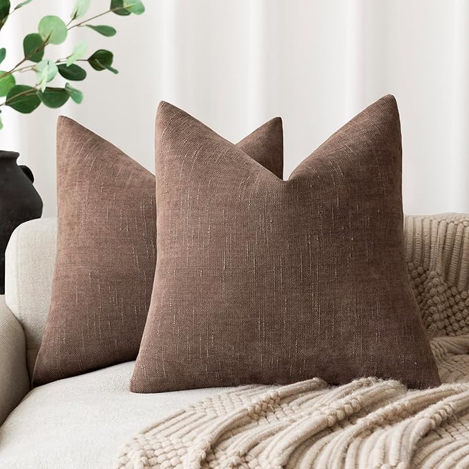 Foindtower Set of 2 Soft Textured Chenille Throw Decorative Pillow Covers Square Accent Solid Cushion Cover Cozy Neutral Farmhouse Pillow Case for Couch Sofa Bedroom Living Room 16x16 Inch, Chocolate