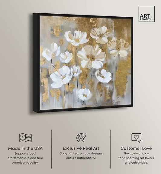 Art Remedy Golden Daisies Canvas Elegant White Gold Wall Art, Black Frame, 30" x 30"