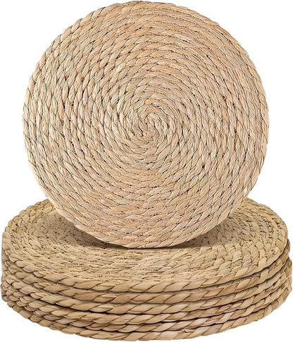 comfoyar Round Hand Woven Placemats Plate Chargers Set of 6, 13Inch Boho Natural Water Hyacinth Braided Place Mats, Heat Resistant Rustic Wicker Rattan Table Mats for Dining Table Farmhouse Decoration