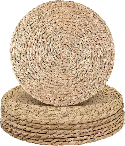 comfoyar Round Hand Woven Placemats Plate Chargers Set of 6, 13Inch Boho Natural Water Hyacinth Braided Place Mats, Heat Resistant Rustic Wicker Rattan Table Mats for Dining Table Farmhouse Decoration