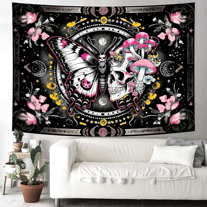Delur Skeleton Butterfly Tapestry Pink Goth Skull Hippie Mushroom Plants Floral Boho Tapestry Fantasy Abstract Moon Phase Flower Wall Hanging Headboard for Bedroom Living Room Home Decor (70.8" x 92.5")
