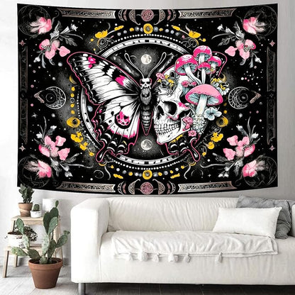 Delur Skeleton Butterfly Tapestry Pink Goth Skull Hippie Mushroom Plants Floral Boho Tapestry Fantasy Abstract Moon Phase Flower Wall Hanging Headboard for Bedroom Living Room Home Decor (59.1" x 78.7")