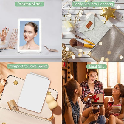 FUNTOUCH Rechargeable Travel Makeup Vanity Mirror with 72 LED Lights, Portable Lighted Beauty Mirror, 3 Lighting Modes, Dimmable Touch Screen, Tabletop Folding Cosmetic Mirror with Storage Bag