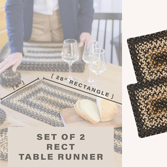 Homespice Kilimanjaro Jute Braided Small Table Runner, Warm Primitive Decor, Set of 2, Black and Brown Rectangle 8x28 - Rich Colors, Easy to Clean, Durable and Protects Furniture