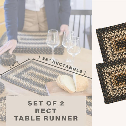 Homespice Kilimanjaro Jute Braided Small Table Runner, Warm Primitive Decor, Set of 2, Black and Brown Rectangle 8x28 - Rich Colors, Easy to Clean, Durable and Protects Furniture