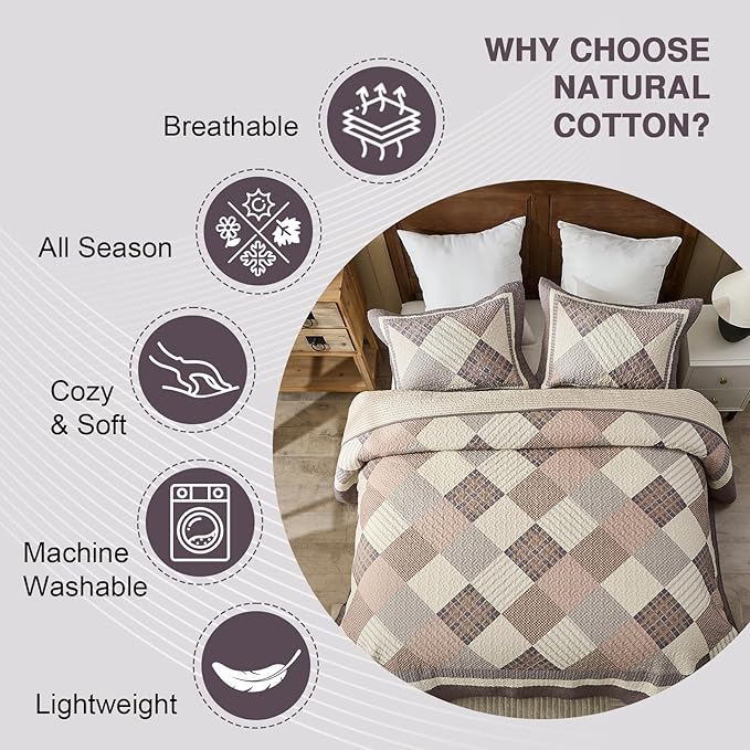 EWlinens 100% Cotton 120"x120" Oversized King Bedspread - Farmhouse Extra Large Cal King Quilt Bedding Set, All Season Diamond Patchwork Plaid Rustic Striped Bedspreads, 3pcs, Walnut/Brown/Gray/Beige