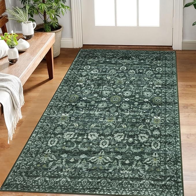 Vintage Floral 3x5 Rug, Dark Green Entryway Rug Small Area Rug Washable Non-Slip Throw Rug, Thin Printed Faux Wool Low-Pile Kitchen Rugs Super Soft Capet for Entrance Bedroom Office Home Decor