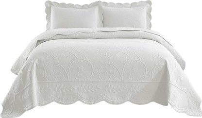MarCielo 3-Piece 100% Cotton Oversized Bedspread Lightweight Quilt Coverlet Embroidery Farmhouse Bedding Set (TX Bright White, Oversized Queen (100"x106"))
