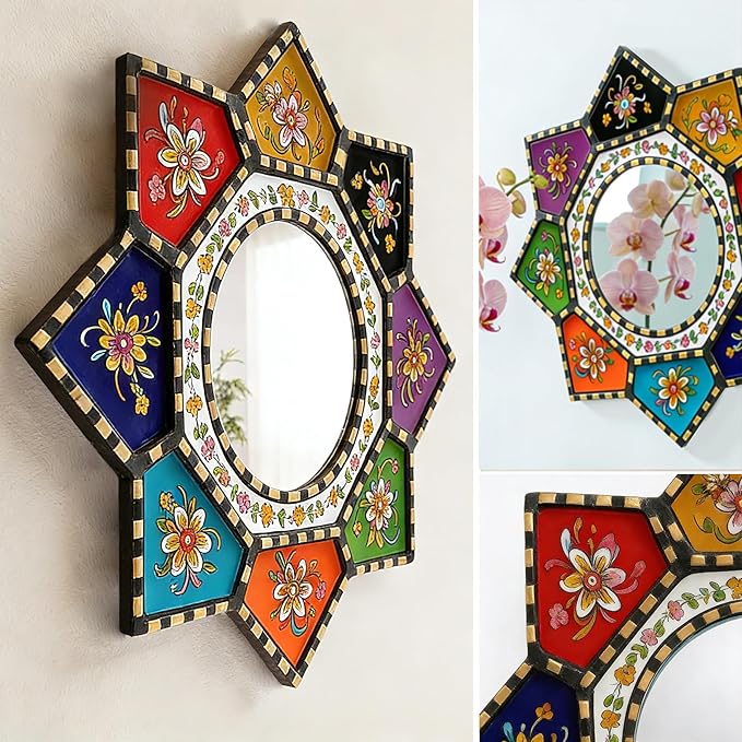 Octagon Sunburst Wall Mirror - Colorful Geometric Boho Circle Mirror Art, Small Decorative Vintage Accent for Living Room Decor, Wood & Acrylic（2D Printed）