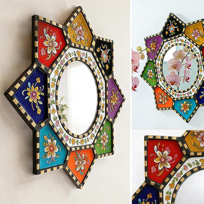 Octagon Sunburst Wall Mirror - Colorful Geometric Boho Circle Mirror Art, Small Decorative Vintage Accent for Living Room Decor, Wood & Acrylic（2D Printed）