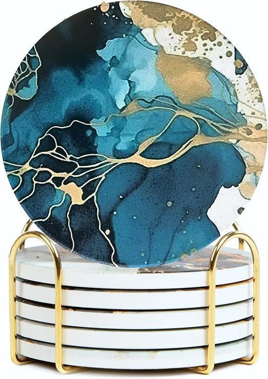Ceramic Absorbent Coasters Set of 6 with Holder, Marble Drink Coasters for Coffee Table, Water Absorbing Coaster (Teal)