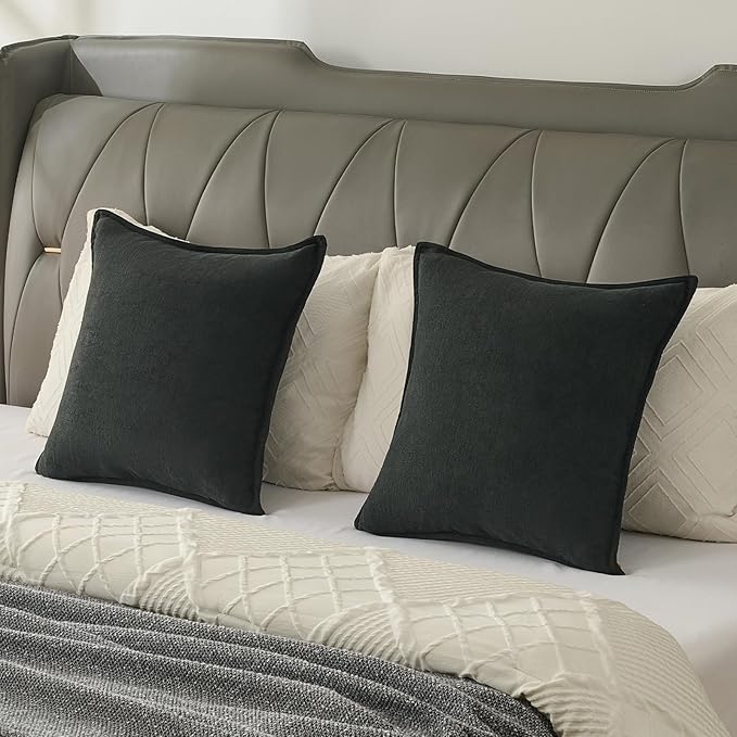 FUTEI Black Chenille Throw Pillow Covers 18x18 Inch Set of 2,Edges Double-Stitched Cushion Cases,Modern Home Decor for Couch Living Room