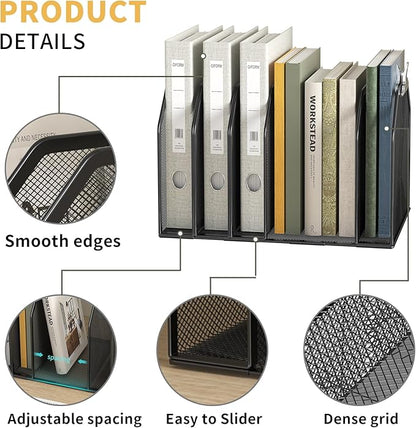 Metal 7-Section File Folder Organizer for Desk | Vertical Office File Holder | Heavy-Duty Mesh Document Sorter for Books, Binders, Laptops | Black Desk Organizer (12.8”x8.5”x7.9”)