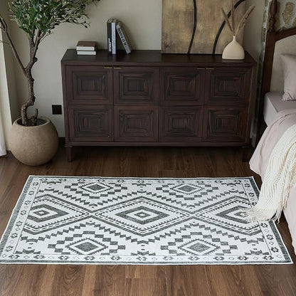 Moroccan Washable Area Rug 4x6, Geometric Decorative Woven Rug Low Pile, Non-Slip Boho Accent Farmhouse Indoor Floor Carpet for Bedroom Laundry Living Room Dining Table, Olive Green/White