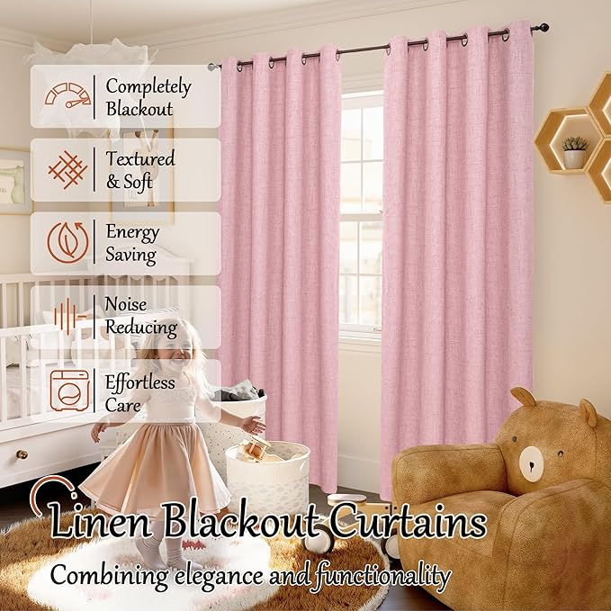 Lajode Baby Pink Linen Blackout Curtains for Girls Bedroom 84 Inch Length 2 Panels, Thermal Insulated Full Room Darkening Noise Reducing Privacy Grommet Window Curtains for Nursery, Each 52 Inch Wide