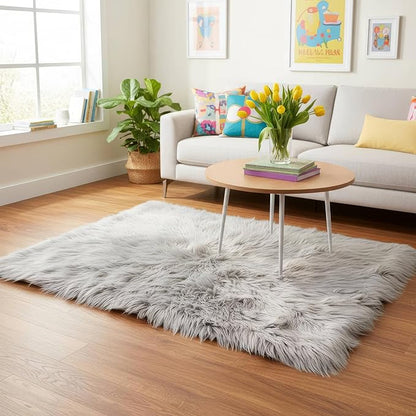 4 x 6 ft Fluffy Gray Rug – Cozy Faux Fur Rug for Bedroom, Living Room, or Nursery – Soft Faux Sheepskin Decor Accent