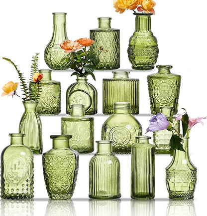 Glass Bud Vases Set of 16 - Green Assorted Small Mini Glass Vases for Flowers, Crystal Vintage Vase Set, Bulk Centerpieces for Table Décor, Wedding, Home and Events (Green, 16 Pcs)