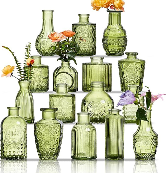 Glass Bud Vases Set of 16 - Green Assorted Small Mini Glass Vases for Flowers, Crystal Vintage Vase Set, Bulk Centerpieces for Table Décor, Wedding, Home and Events (Green, 16 Pcs)