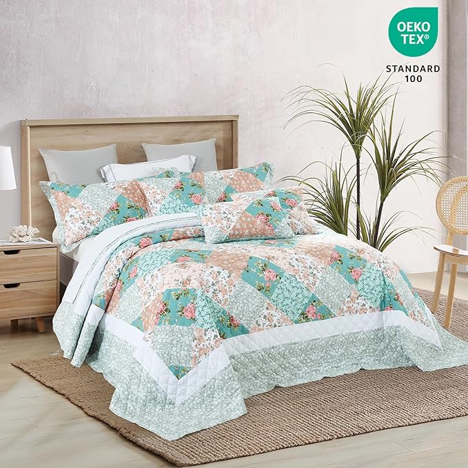 Oversized King Bedspread, Farmhouse Patchwork Floral Quilt Bedding Cover, Reversible, 6 Piece, 100% Microfiber, King/Cal King, Rosa Chinensis Jacq