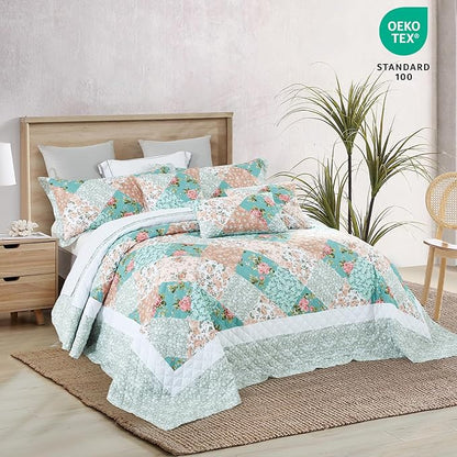 Oversized King Bedspread, Farmhouse Patchwork Floral Quilt Bedding Cover, Reversible, 6 Piece, 100% Microfiber, King/Cal King, Rosa Chinensis Jacq