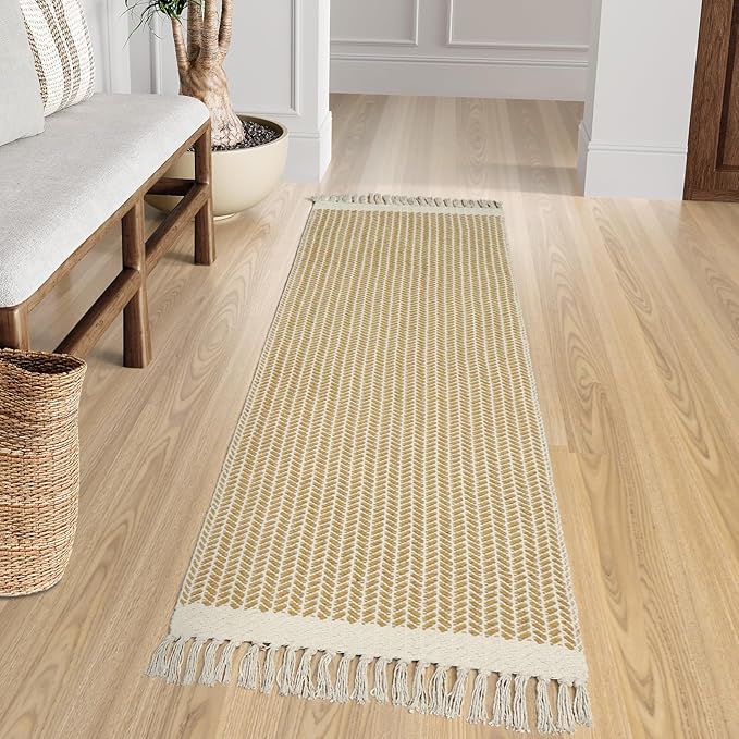 Lahome Boho Bathroom Runner Rug, 2x6 Laundry Room Lightweight Entry Runner Woven Cotton Throw Carpet with Tassels, Farmhouse Non Shedding Washable Rugs Low Pile for Kitchen Hallway, Khaki