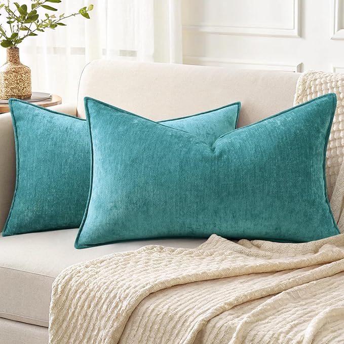 decorUhome Spring Couch Throw Pillow Covers 12x20 Set of 2, Decorative Soft Velvet Neutral Chenille Lumbar Pillow Covers with Elegant Design for Sofa Bed Living Room Home Decor, Teal