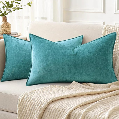 decorUhome Spring Couch Throw Pillow Covers 12x20 Set of 2, Decorative Soft Velvet Neutral Chenille Lumbar Pillow Covers with Elegant Design for Sofa Bed Living Room Home Decor, Teal