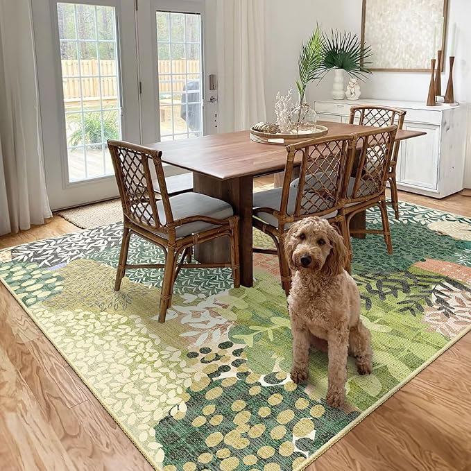 DEXDE 8x10 Area Rug, Soft Washable Abstract Area Rugs Non-Slip Vintage Boho Rug Leaves Floral Print Carpet for Living Room, Bedroom, Entryway, Office, Dining Room, Kids Playroom,Green