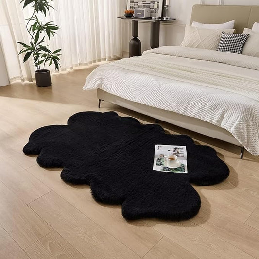 1700GSM Fuzzy Faux Sheepskin Fur Area Rug,Extra Soft Faux Fur Mat,Fluffy Shaggy Fur Rug for Bedroom Living Bedside Rug Room Decor-Black, 2 x 6 ft