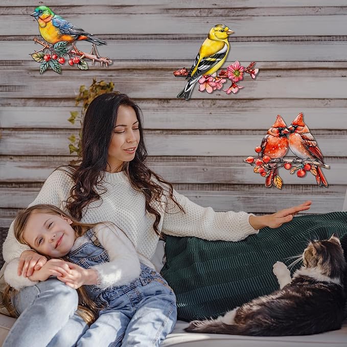 3Pcs Metal Wall Art Decor Birds on Branch, 3D Colorful Bird Outdoor Hanging Wall Art Patio Fence Decorations, Hummingbird Wall Sculptures for Indoor Outdoor Garden(Birds A)