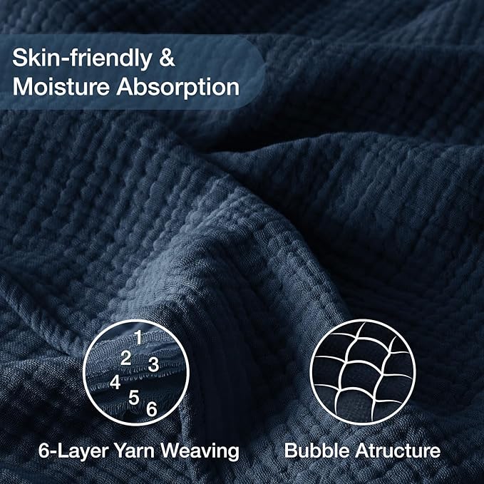 100% Cotton Muslin Blankets Twin XL 66" x 90", 6 Layers Breathable and Lightweight Twin Blanket for Bed, Soft Boho Coverlet Bedspread, Gauze Bedding for All Season, Navy