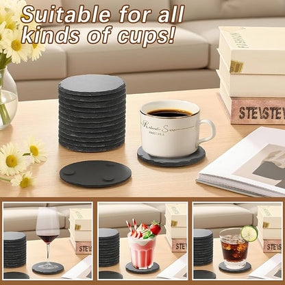 48 PCS Black Natural Slate Coasters Bulk Set 4 Inch Laser Engraving Blanks with Anti Scratch Bottoms for Home, Office, Bar, Gifts Round